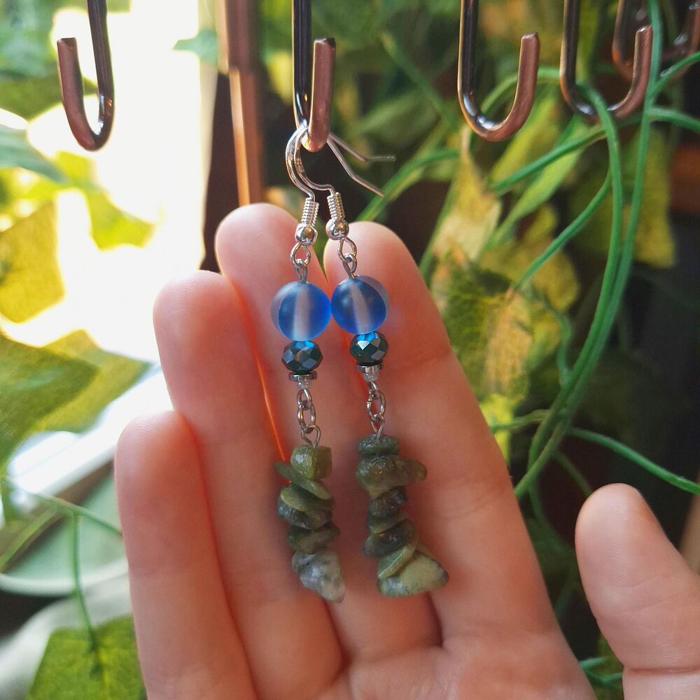 Aqua Blue Glass & Green Serpentine Dangle Earrings - Picture 8 of 13